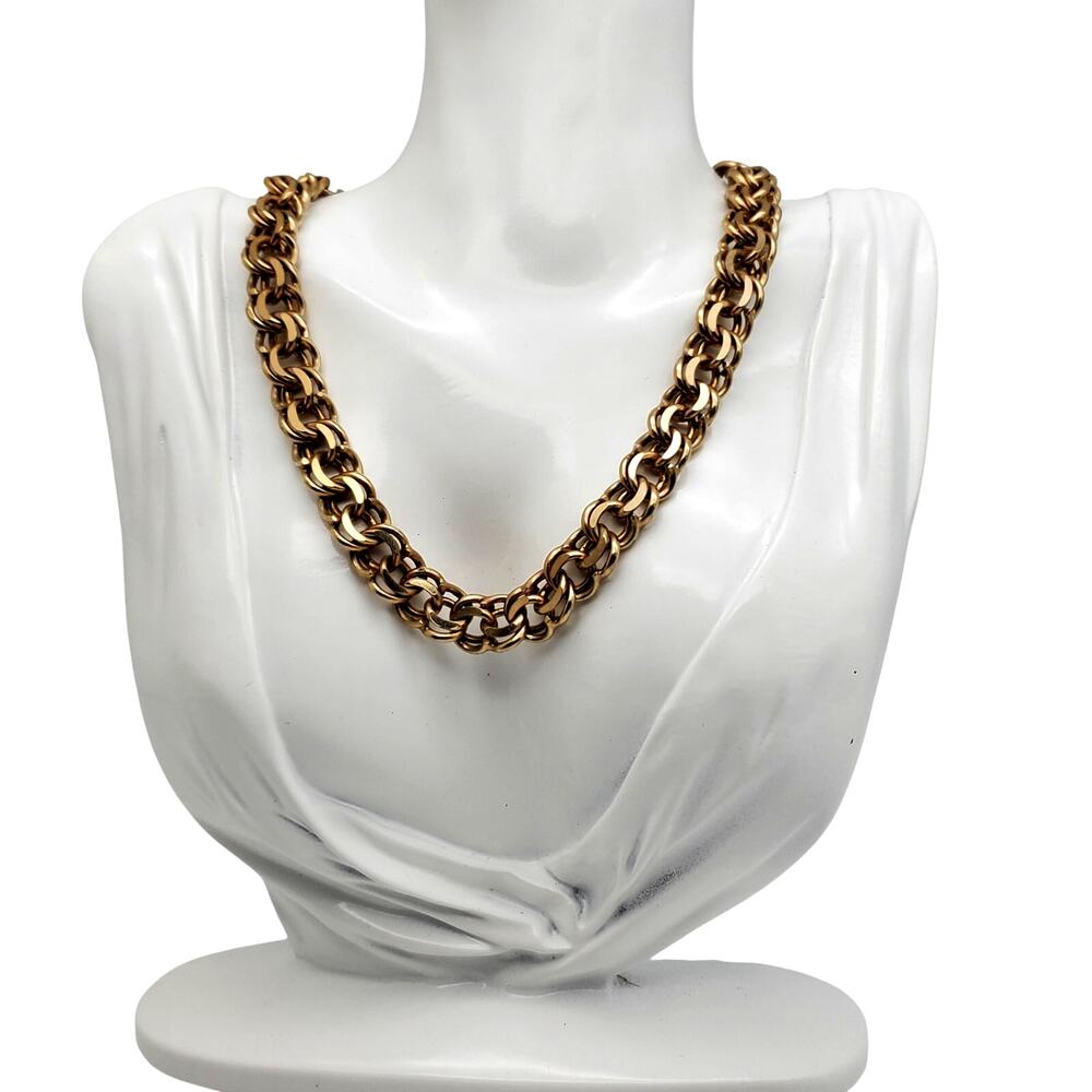 Barclay Pale Gold Tone Choker Double Ring Byzantine‎ Chain Chunky Necklace Retro